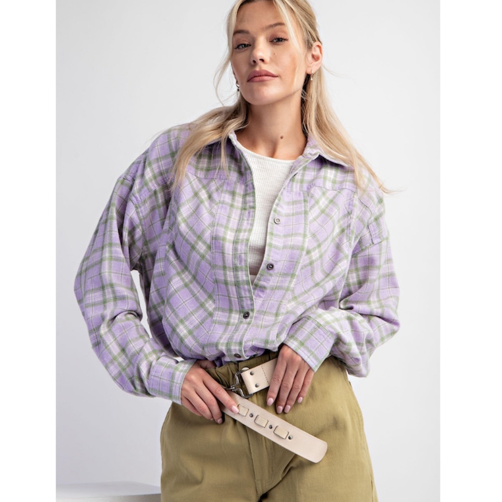 🌹 “The Jess" Lavendar Plaid Button Down Oversized Shirt